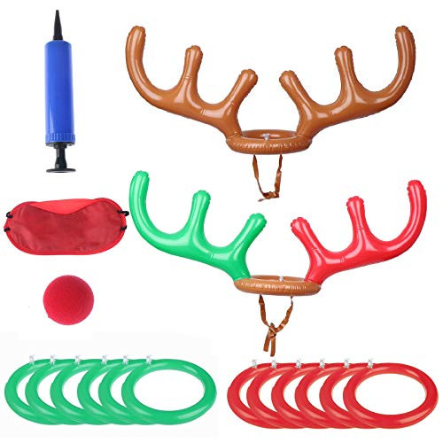 Wusteg Christmas Inflatable Reindeer Antler Ring Toss Game Reindeer Antler Headband and Ring Toss Game Set with Pump for Kids Family Christmas Party Accessories 2 Antlers 12 Rings