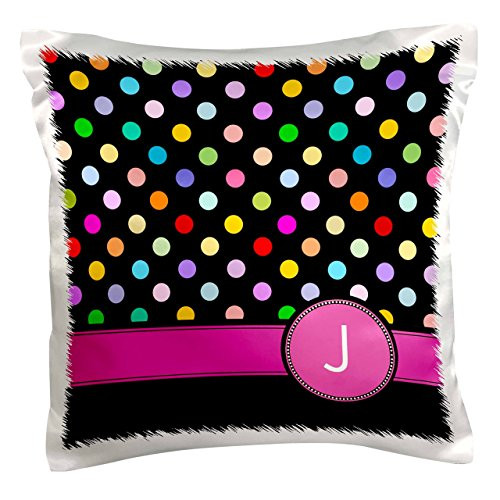 3dRose pc1543071 Letter J Monogrammed on Rainbow Polka Dots Pattern with Hot Pink Personal Initial Girly Multicolor Pillow Case  16  x 16
