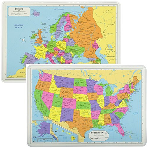 Painless Learning Educational Placemats Sets USA and Europe Maps Non Slip Washable