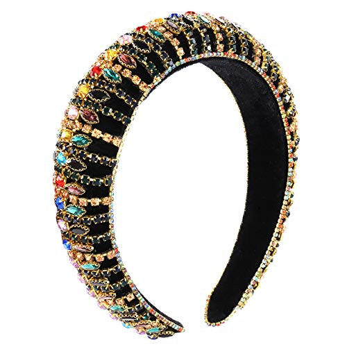 Padded Rhinestone Headband Bejewelled Velvet crystal Beaded Wide Hairband Statement Wedding Headpiece Fashion Hair Accessory For Woman Girls multicolor crystal