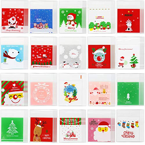 400 Pieces Christmas Candy Bags Cookie Treat Bags Cellophane Gift Bags for Halloween Party Supplies Candy Snack Packing  20 Styles