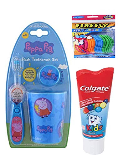 Brush Buddies Peppa Pig Toothbrush Set 5-Piece Bundle with Kids Flossers and Toothpaste
