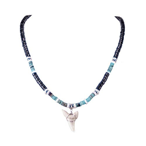 BlueRica Mako Shark Tooth Pendant on Black Coconut Beads  Green Heishi Shells and Puka Shell Beads Necklace