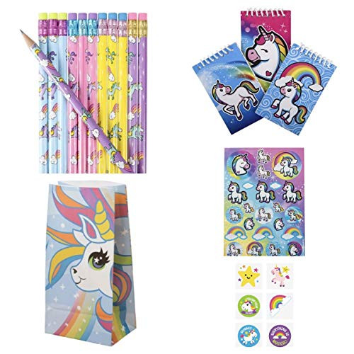 Colorful Unicorn Party Favors for 12 or 24 Guests - Mini Notebooks - Pencils - Tattoos - Goody Bags   Sticker Sheets - Teacher Classroom Rewards Parties Rainbow Party for 24