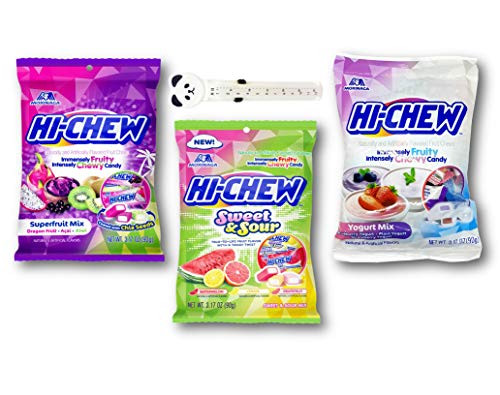 Hi-Chew Chewy Fruit Candies Peg Bag Trio Bundle Superfruit  Sweet   Sour  Yogurt Mix with Bonus Adorable storage Bag Clip 4-Piece Set