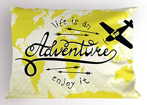 Ambesonne Adventure Pillow Sham  Life is an Adventure Words Map of The World Small Airplane Traveling Art Print  Decorative Standard Size Printed Pillowcase  26  X 20   Yellow Black