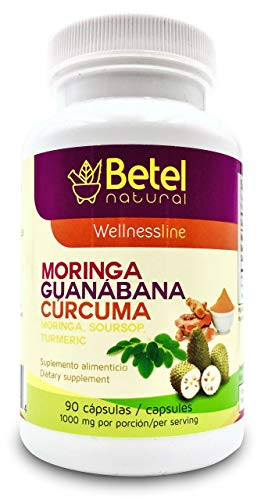 Premium Organic Moringa Guanabana and Curcuma by Betel Natural - 3 Powerful Superfoods in 1-90 Capsules