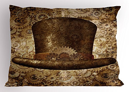 Ambesonne Victorian Pillow Sham  Steampunk Hat Fantasy Science Fiction Concept Futuristic Gears Cogs Print  Decorative Standard Size Printed Pillowcase  26  X 20   Sand Brown