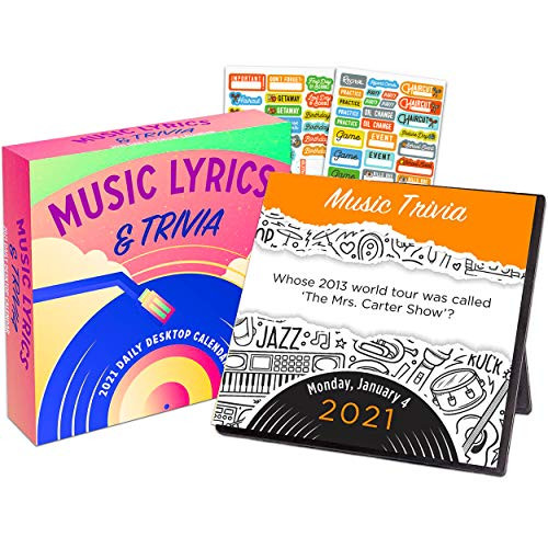 Music Lyrics and Trivia 2021 Calendar  Box Edition Bundle - Deluxe 2021 Music Trivia Day-at-a-Time Box Calendar with Over 100 Calendar Stickers