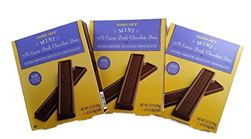 Trader Joe s Mini 70  Cacao Dark Chocolate Bars- Super Smooth Belgian Chocolate- 100 Calories Per Bar- Bundle of 3 Boxes- Each Box Is 3-17 Oz-