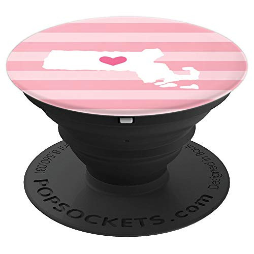 Massachusetts Heart - Cute Blush Pink Stripe Home State Map PopSockets Grip and Stand for Phones and Tablets