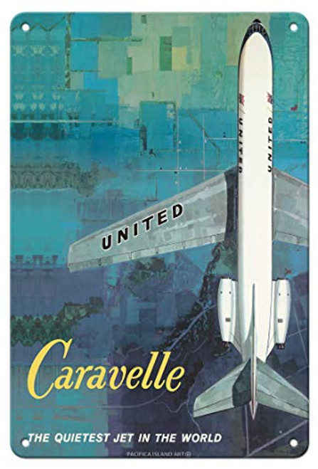 Pacifica Island Art Quietest Jet in The World Caravelle - United Airlines - Vintage Airline Travel Poster c-1960s - 8in x 12in Vintage Metal Tin Sign Pacifica Island Art Quietest Jet in The World Caravelle - United Airlines - Vintage Airline Travel Poster c-1960s - 8in x 12in Vintage Metal Tin Sign