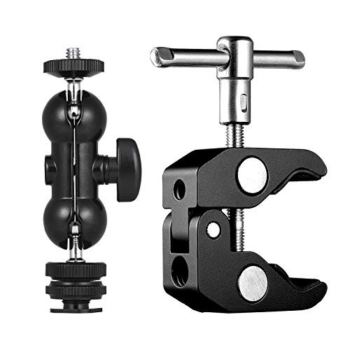 Lammcou Camera Dual Ballhead Monitor Mount  Super Clamp Mount  Hotshoe 1-4  Screw Adapter Mount for Field Monitor  Video Lights  Audio Recorders  Camera Mini Magic Arm Kit  Black