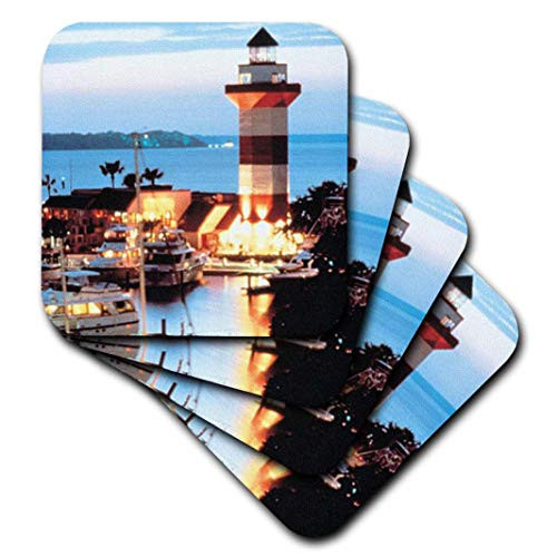 3dRose CST_61725_3 Harbour Town Lighthouse at Hilton Head Island at Dusk-Ceramic Tile Coasters, Set of 4