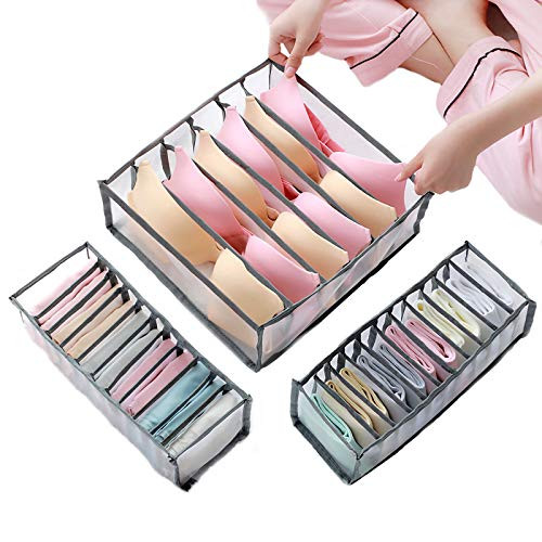 Underwear Organizer 3 Set Drawer Dividers Foldable Closet Storage Boxes with 6-7-11 Compartments for Underwear Bra Socks Ties