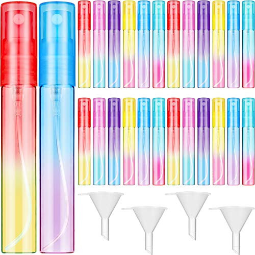 24 Pieces Mini Perfume Spray Bottles Colorful Glass Fine Mist Sprayer Empty Spray Bottles Refillable Container Perfume Atomizer  4 Pieces Funnels for Essential Oil Liquid 8 ml