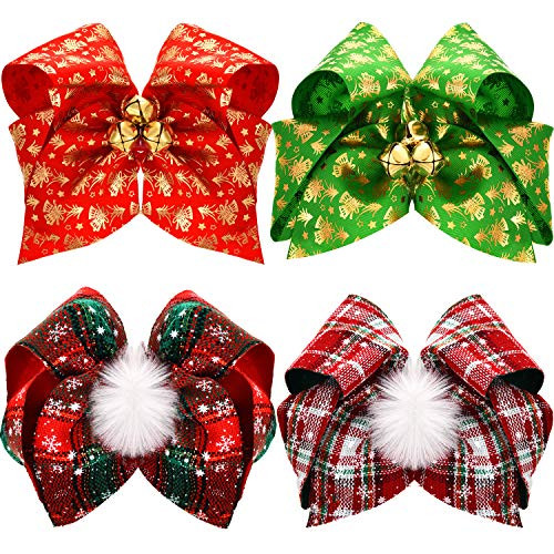 4 Pieces Christmas Large Hair Bows with Alligator Clips Christmas Hair Clips Xmas Bowknot Hair Barrettes for Women Girls Kids Hair Accessories