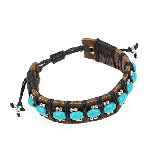 AeraVida Bohemian Simulated Turquoise and Fashion Silver Beads Leather Adjustable Wrist Pull Bracelet
