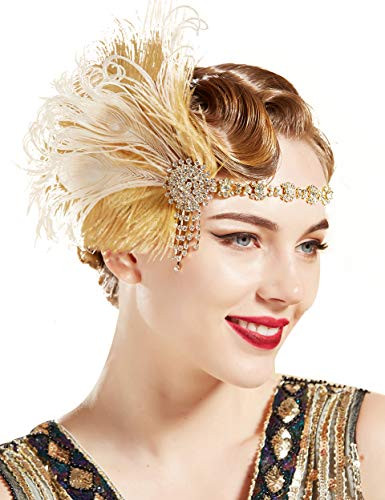 BABEYOND 1920s Flapper Headband Roaring 20s Headpiece Gatsby Peacock Feather Headpiece with Crystal Gold