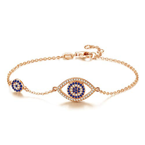 TONGZHE Blue Evil Eyes Link Bracelet Sterling Silver 925 Cubic Zirconia Chain Adjustable 7 Rose Gold