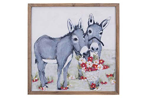 Creative Co-op Blue Donkeys with Flowers in Basket on Canvas Wood Framed Wall Décor