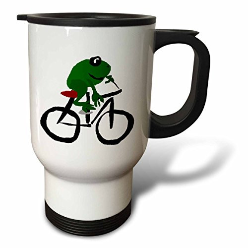 3dRose Funny Green Frog Riding Bicycle Primitive Art Travel Mug, 14 oz, Stainless Steel, White