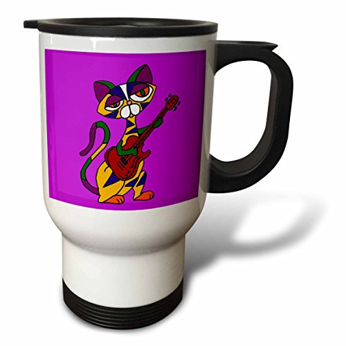 3dRose tm_200563_1 Funny Psychedelic Cat Playing Red Electric Guitar Art Travel Mug, 14 oz, White