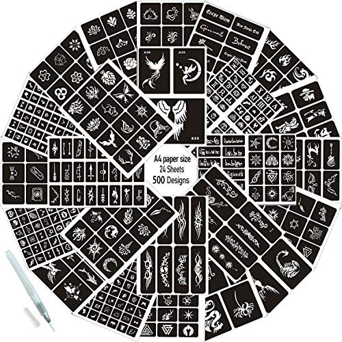 Henna Stencils 460 PCS 24 Sheets Henna Tattoo Templates Halloween Reusable Airbrush Tattoo Stencils DIY Cool Sticker