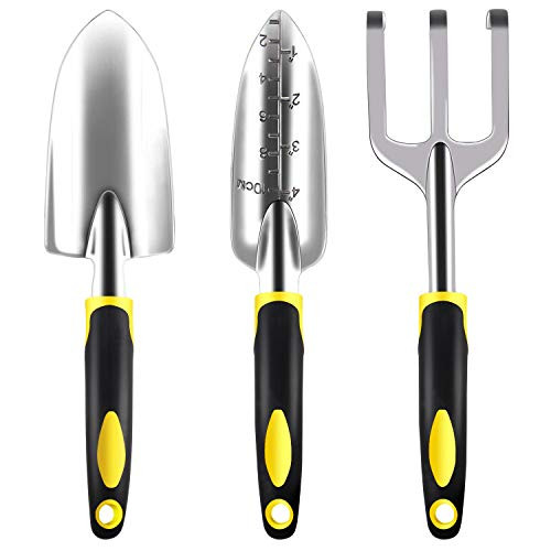 Garden Tool Set Heavy Duty  3 Piece Aluminum Gardening Kit  Hand Trowel  Transplant Trowel  Cultivator Hand Rake with Soft Rubberized Non-Slip Ergonomic Handle  Garden Gifts for Women Men