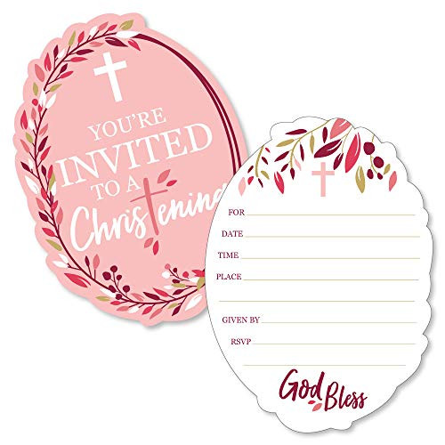 Christening Pink Elegant Cross - Shaped Fill-in Invitations - Girl Religious Party Invitation Cards with Envelopes - Set of 12