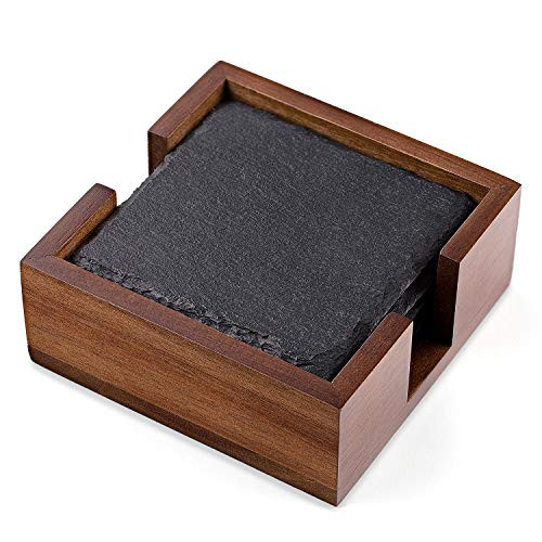 VersaChalk Rustic Slate Coaster Set with Wood Holder  4 Square Stone Coasters for Drinks