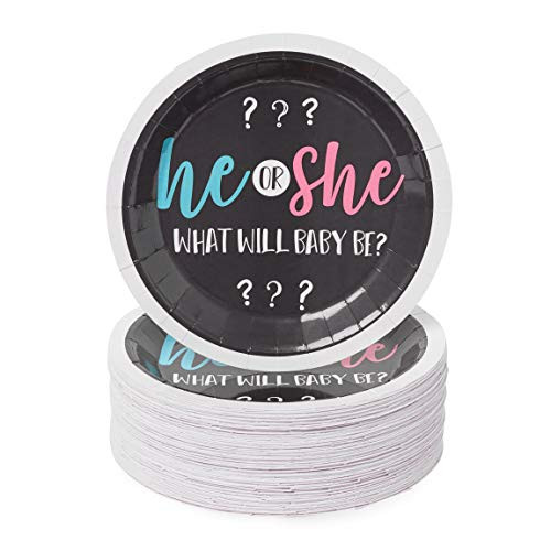 Gender Reveal Paper Party Plates  He or She 9 Inches  80 Pack