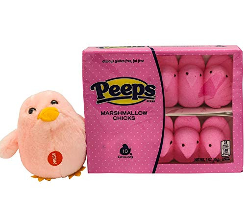 Pink Marshmallow Peeps with Plushy Peep Squeeze Toy 10 Pack 3oz each - Classic Marshmallow Chicks Easter Candy - Old Fashioned Easter Basket Sweets