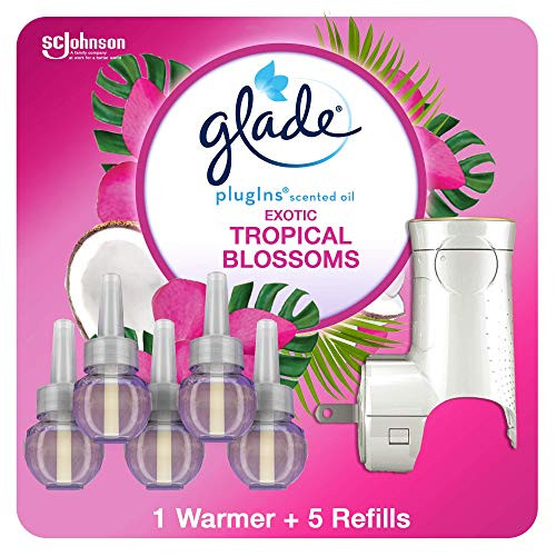Glade PlugIns Refills Air Freshener Starter Kit  Scented Oil for Home and Bathroom  Tropical Blossoms  1 Warmer  5 Refills