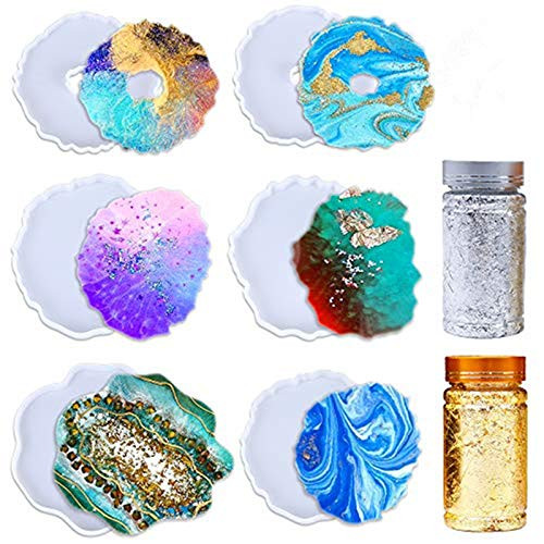 Resin Coaster Molds  Silicone Cosater Molds for Resin with 6Pcs Geode Agate Coaster Molds and 2Pcs Foil Flakes  Geode Resin Casting Molds for Making Faux Agate Slices  Coaster  Home Decoration