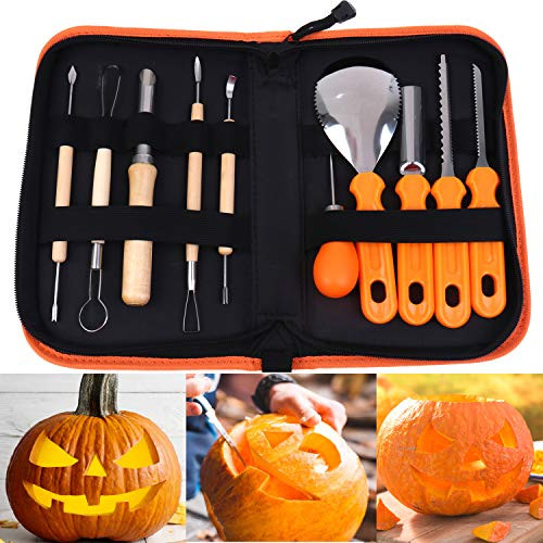 14 Pieces Halloween Pumpkin Carving Tools Kit DIY Carving Handmade Tools Jack-O-Lanterns Professional Carving Sets Stainless Steel with Carrying Case