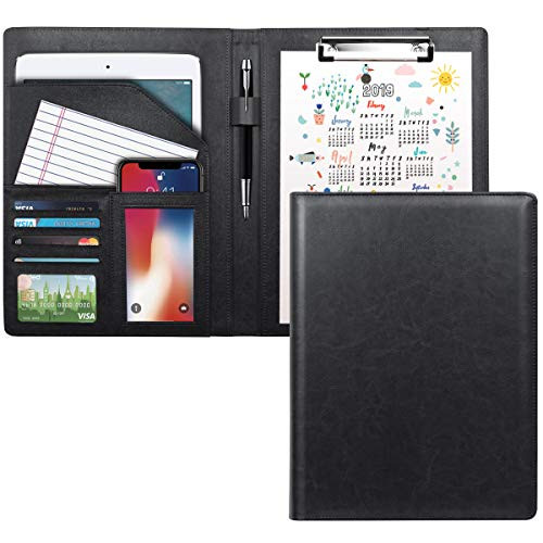 WAVEYU Portfolio Case  Business Portfolio Folder  Padfolio Cover  Conference-Resume-Legal Document Organizer with Letter-A4 Size Clipboard Hardboard  Business Card Holders  Document Sleeve  Black