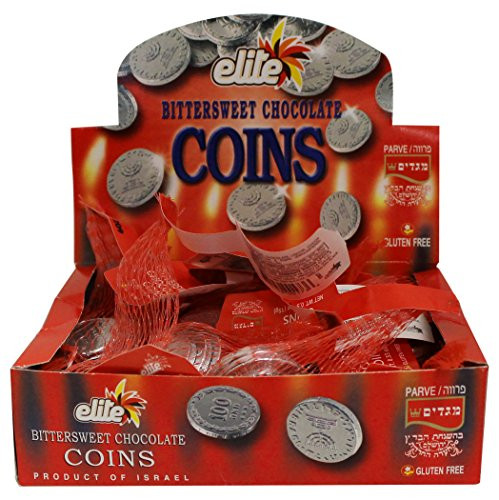 Elite Hanukkah Chocolate Coins - Box 24 Sacks  Flavor  Bittersweet 12-7oz