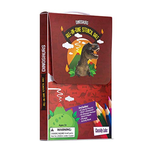 Dinosaur Themed Stencil Drawing Kit in Carrying Case - Lots of Stencils for Kids Includes Colored Pencils  Activity Book  Sharpener 