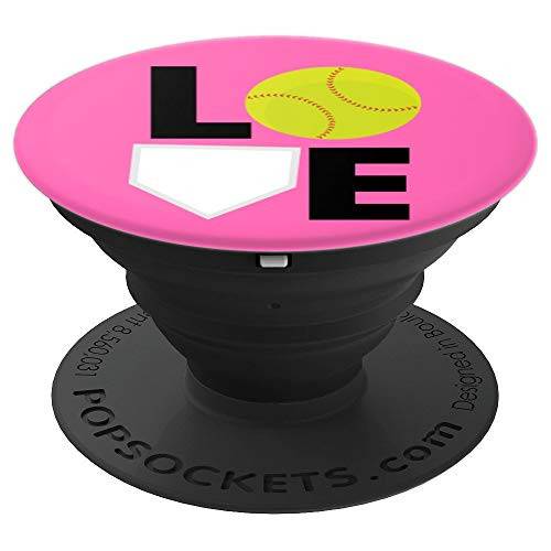 Softball Love Stitch Ball Home Plate Pink Background PopSockets Grip and Stand for Phones and Tablets
