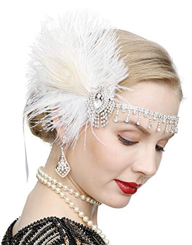 Cizoe Art Deco 1920s Flapper Headpiece Roaring 20s Gatsby Headpiece With Peacock Feather Headband 1920s Flapper Gatsby Accessories white