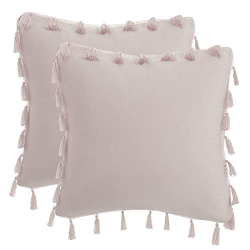 PiccoCasa 2Pcs Tassels Throw Pillow Case  Soft Velvet Throw Pillow Cover  Decorative Cushion Cover  Sofa Pillowcase for Bedroom Livingroom Decor  18 x 18 Inch  Pale Pink