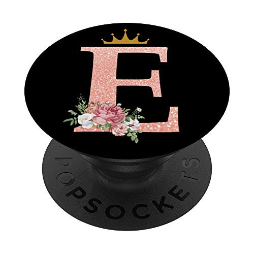 Rose Pink Letter E Floral Initial Monogram   Crown on Black PopSockets PopGrip  Swappable Grip for Phones   Tablets