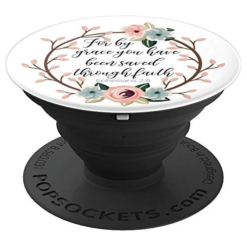 Saved By Grace Ephesians 2 8 Pink Blue Floral Bible Verse PopSockets Grip and Stand for Phones and Tablets