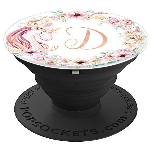 Unicorn Lover Gift Floral Monogram Name Initial Letter D PopSockets Grip and Stand for Phones and Tablets