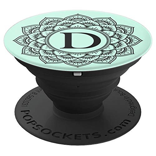 Black Mint Green Monogram Letter D Initial Mandala Flower PopSockets Grip and Stand for Phones and Tablets
