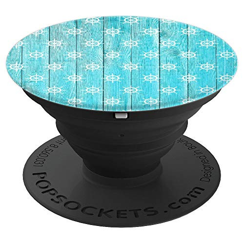 Captains Wheel Pattern Nautical Sailing on Teal Wood Design PopSockets Grip and Stand for Phones and Tablets