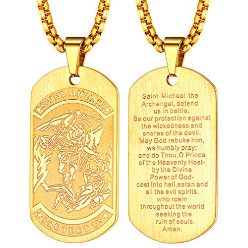 FaithHeart Saint Michael Necklace  Police Protector Gifts for Men-Women  Gold Plated St- Michael The Archangel Medal Pendant Dog Tag Jewelry Send Gift Box- Gold