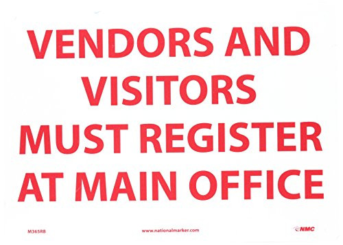 NMC M365RB Restricted Area Sign  Legend  VENDORS AND VISITORS MUST REGISTER AT MAIN OFFICE   14  Length x 10  Height  Rigid Plastic  Red on white
