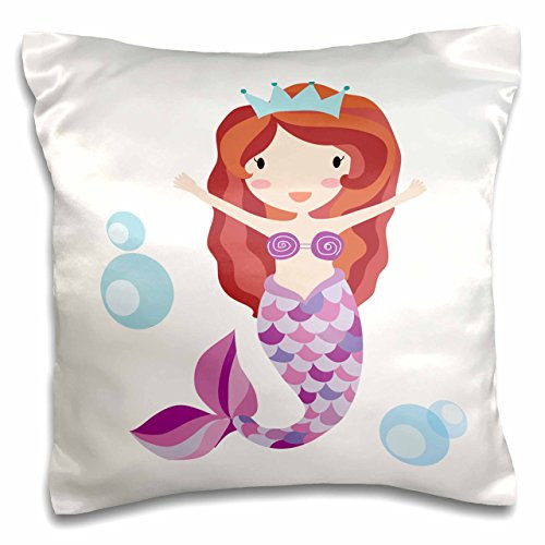 3D Rose Cute Red Haired Mermaid in Purple Illustration Pillow Cases  16  x 16